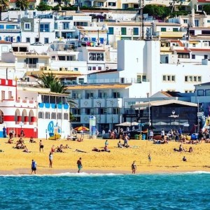 a group of people sitting at a crowded beach